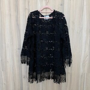 Vintage L&B Womens Lace Fringe Top XL Black Floral Sheer Boho Western Whimsigoth